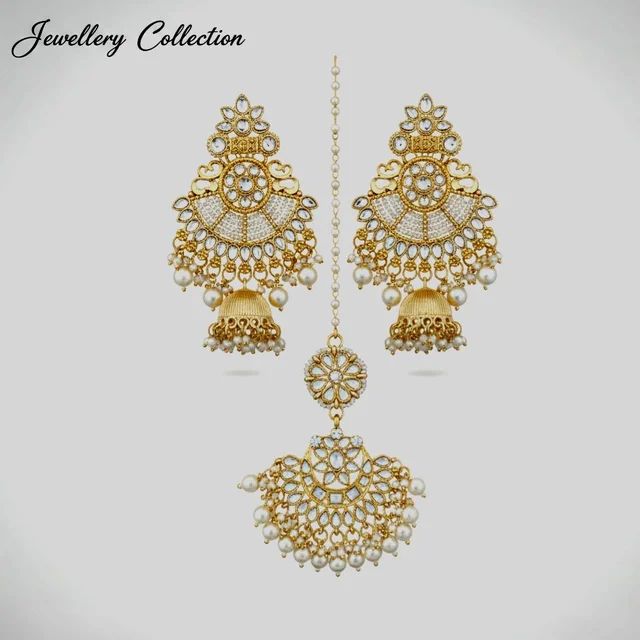 Ethnic Gold Plated Pearl Jewellery Maangtika With Earrings set For Women & Girls
