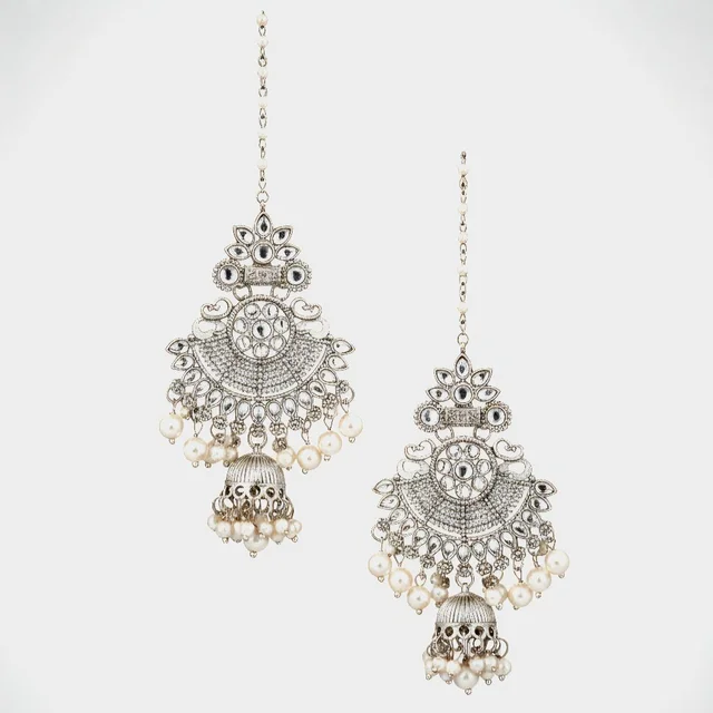 Ethnic Gold Plated Pearl Jewellery Maangtika With Earrings set For Women & Girls