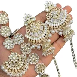 Ethnic Gold Plated Pearl Jewellery Maangtika With Earrings set For Women & Girls