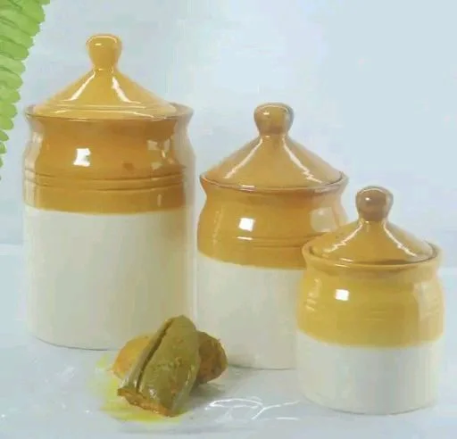 Ceramic Pickle Jars Set Of 3 Multiple Sizes With Lids | Traditional Achar Bharani Container, Small ,medium,large