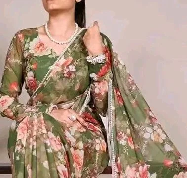 Pearl Lace Border floral Printed Georgette Saree with Running Blouse