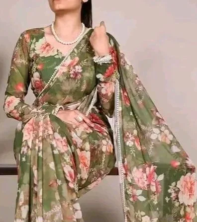 Pearl Lace Border floral Printed Georgette Saree with Running Blouse