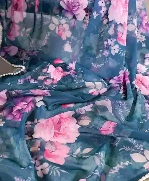 Georgette Floral Printed Saree with Pearl Lace Border | Lightweight sari with blouse Piece