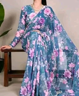 Georgette Floral Printed Saree with Pearl Lace Border | Lightweight sari with blouse Piece