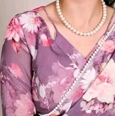 Trendy Georgette Floral Printed Saree with Pearl Lace Border | Lightweight Women’s Saree with blouse Piece