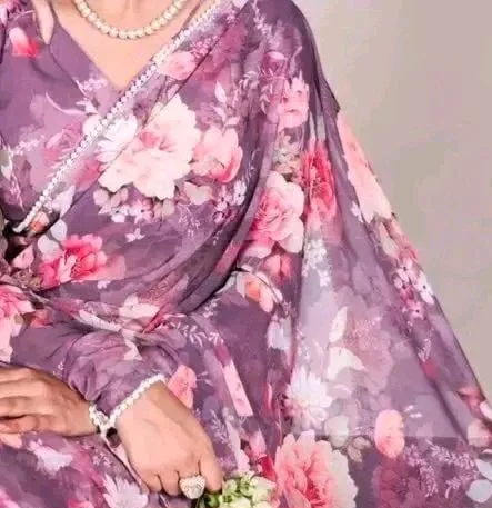 Trendy Georgette Floral Printed Saree with Pearl Lace Border | Lightweight Women’s Saree with blouse Piece