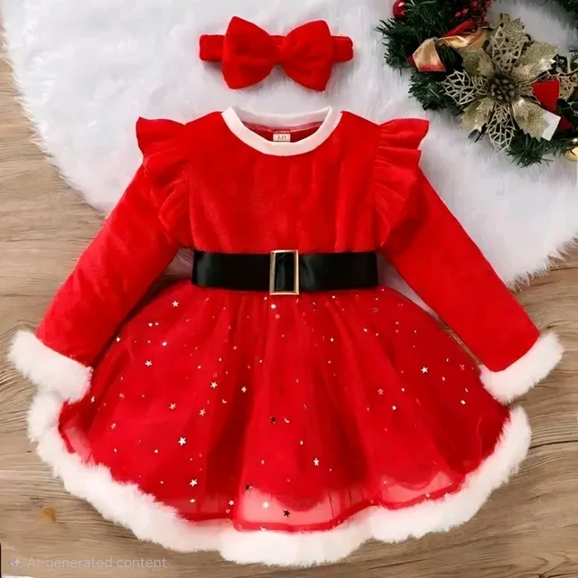 Red Colour Christmas Velvet Border Frocks For Baby