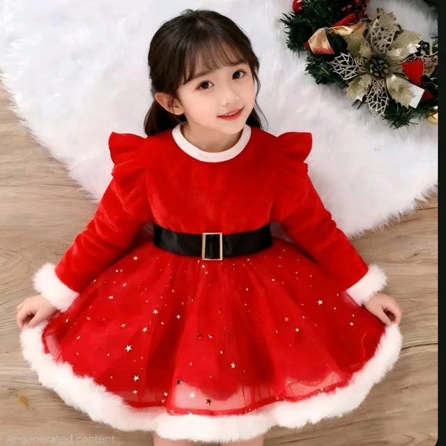 Red Colour Christmas Velvet Border Frocks For Baby