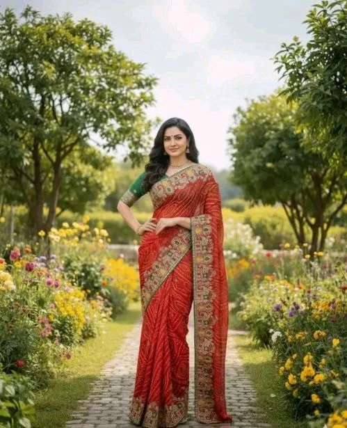 Trendy Red Leheriya Print Bandhani Georgette Saree With Blouse Piece |Hathi Border Rajasthani saree for Women - Vermilion