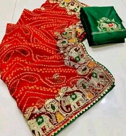 Trendy Red Leheriya Print Bandhani Georgette Saree With Blouse Piece |Hathi Border Rajasthani saree for Women - Vermilion