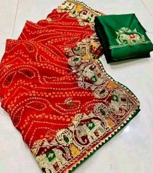 Trendy Red Leheriya Print Bandhani Georgette Saree With Blouse Piece |Hathi Border Rajasthani saree for Women - Vermilion