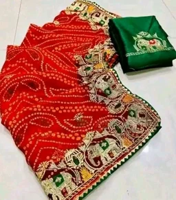 Trendy Red Leheriya Print Bandhani Georgette Saree With Blouse Piece |Hathi Border Rajasthani saree for Women - Vermilion
