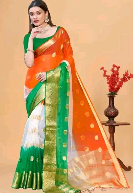 Organza Zari Work Polka Dot Tiranga Saree With Blouse Piece | Independence day special tricolour saree for Women