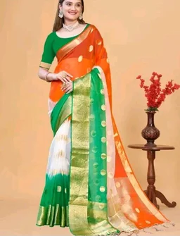 Organza Zari Work Polka Dot Tiranga Saree With Blouse Piece | Independence day special tricolour saree for Women