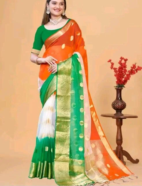 Organza Zari Work Polka Dot Tiranga Saree With Blouse Piece | Independence day special tricolour saree for Women