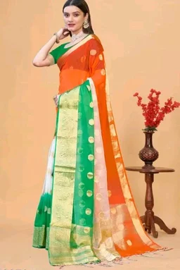 Organza Zari Work Polka Dot Tiranga Saree With Blouse Piece | Independence day special tricolour saree for Women