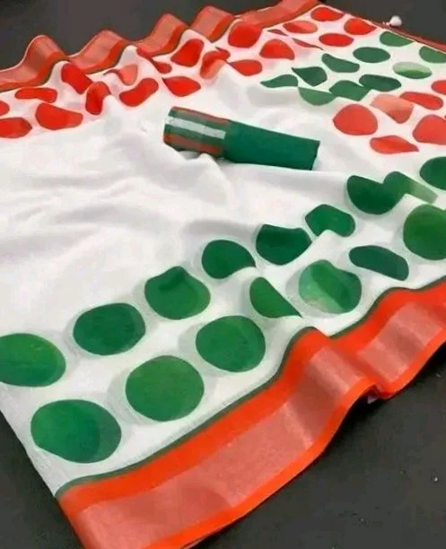 Women's Cotton Polka Dot Digital Print Independence day Special Saree With Matching Blouse |Tricolour Tiranga Saree - Gemotric
