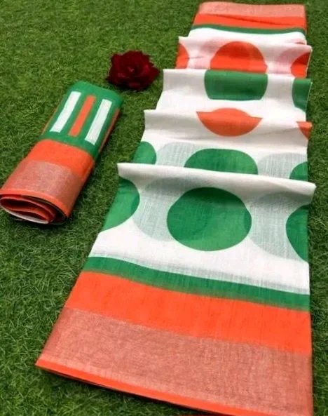 Women's Cotton Polka Dot Digital Print Independence day Special Saree With Matching Blouse |Tricolour Tiranga Saree - Gemotric