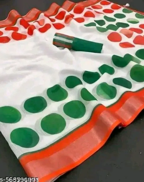Women's Cotton Polka Dot Digital Print Independence day Special Saree With Matching Blouse |Tricolour Tiranga Saree - Gemotric