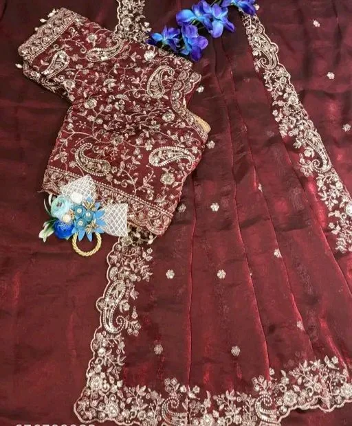 Women Soft Satain Traditional Party Wear Embrodered Saree With Stitched Blouse Upto 40 Size
