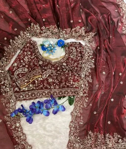 Women Soft Satain Traditional Party Wear Embrodered Saree With Stitched Blouse Upto 40 Size