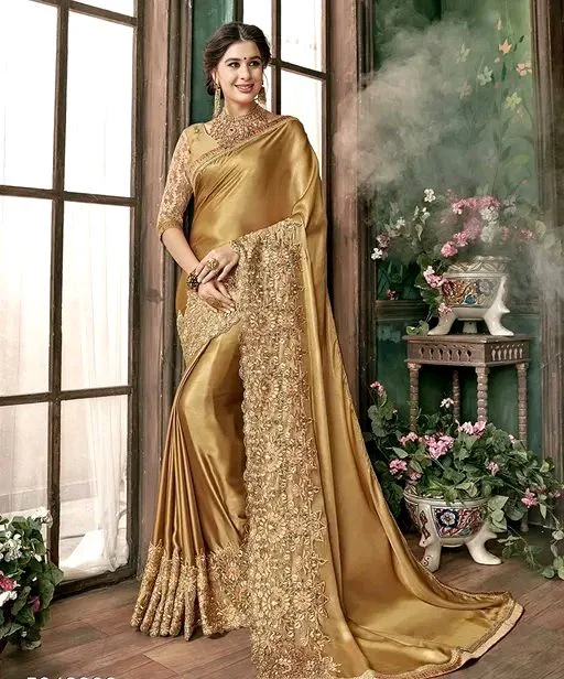 Beautiful Gold Embrodered Saree Partywear Weeding With Running Blouse - Golden Grass