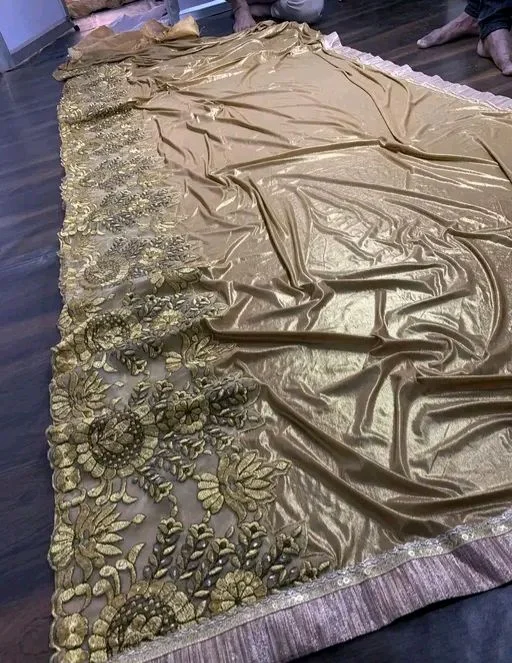 Beautiful Gold Embrodered Saree Partywear Weeding With Running Blouse - Golden Grass