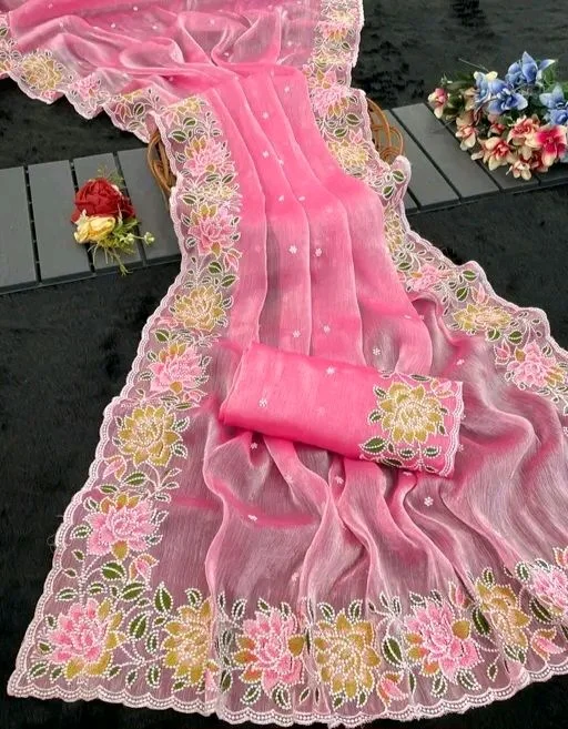 Pink Floral Embroidered Organza Saree for Women with Blouse | Lightweight Party Wear Soft Organza Saree