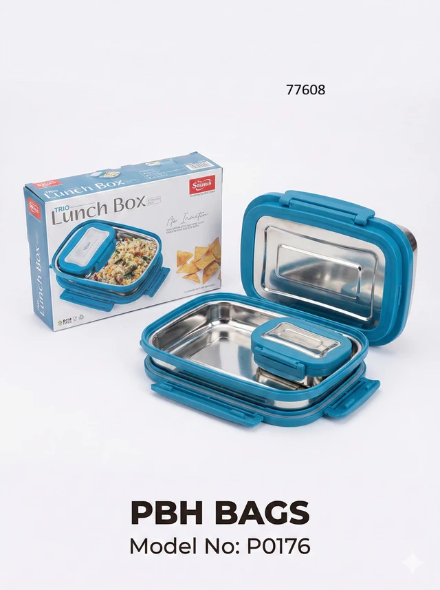 PBH BAGS Stainless Steel Lunch Box (Model P0176) – Sauras Trio Series | Leak-Proof Tiffin with Steel Lid & Inner Dip Container