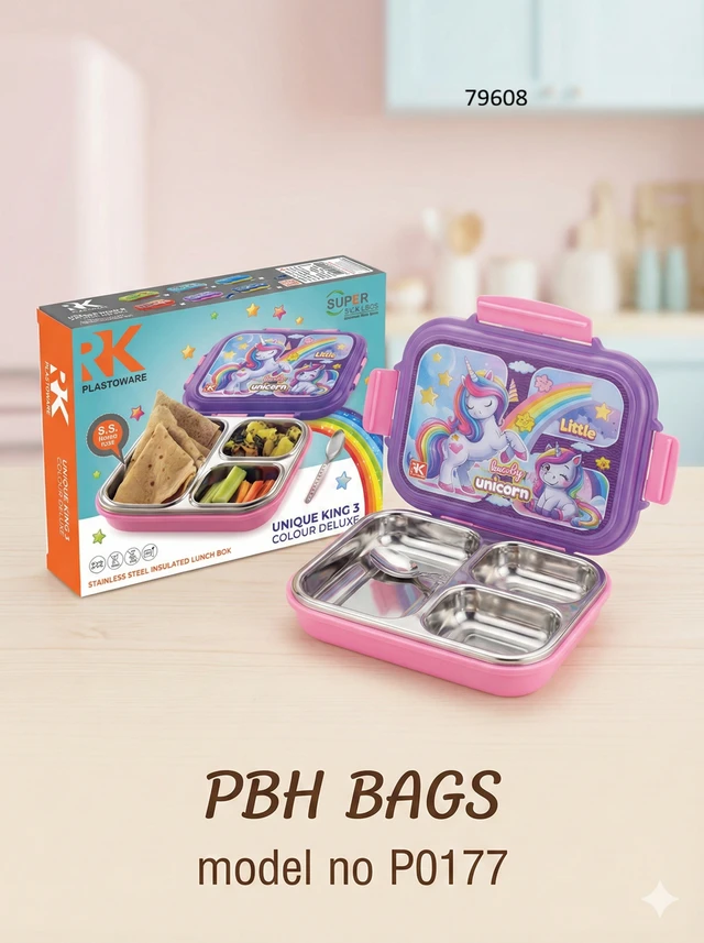 PBH BAGS Kids Lunch Box (Model P0177) – RK Plastoware Unique King 3 | 3-Compartment Stainless Steel Insulated Tiffin with Spoon - Fuchsia Pink