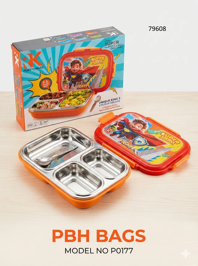 PBH BAGS Kids Lunch Box (Model P0177) – RK Plastoware Unique King 3 | 3-Compartment Stainless Steel Insulated Tiffin with Spoon