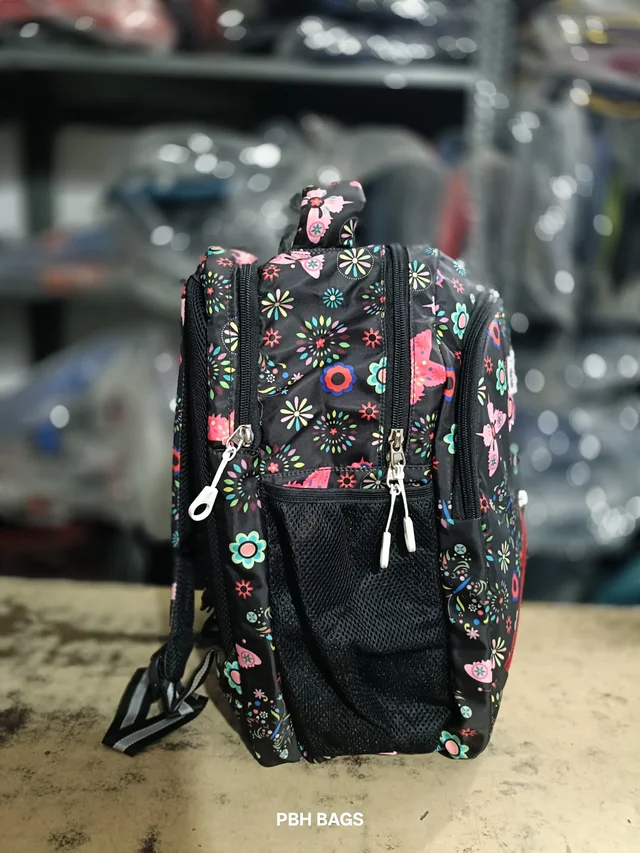 PBH P012 Genie Stylish Floral Print Backpack - 4 Compartment School/College Bag Padded Back - Black Forest, 18*14*6