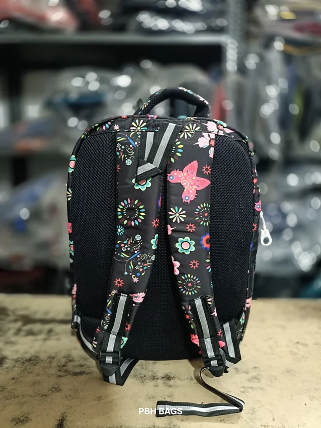 PBH P012 Genie Stylish Floral Print Backpack - 4 Compartment School/College Bag Padded Back - Black Forest, 18*14*6