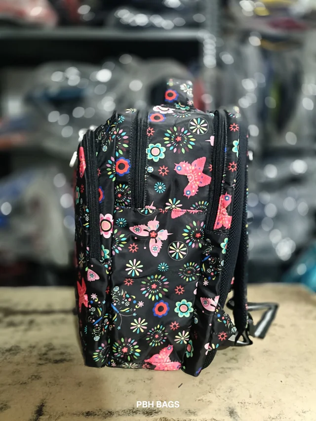 PBH P012 Genie Stylish Floral Print Backpack - 4 Compartment School/College Bag Padded Back - Black Forest, 18*14*6