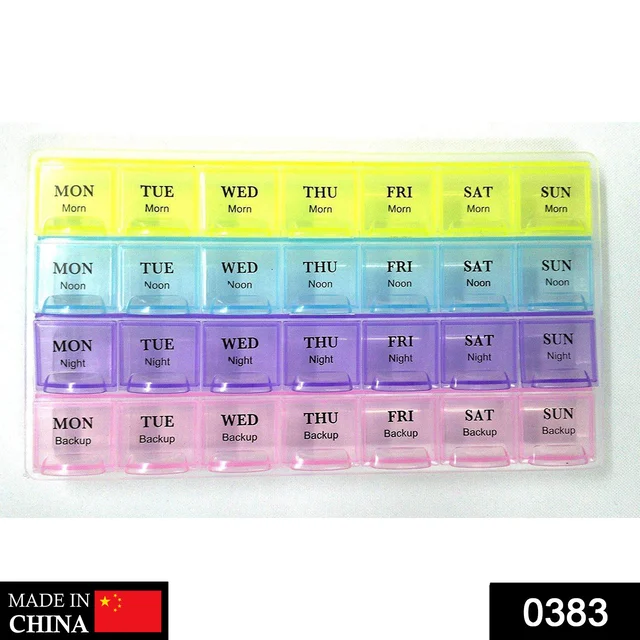 0383 Pill Case- 4 Row 28 Squares Weekly 7 Days Tablet Box Holder Medicine Storage Organizer Container - 0.103 kgs, China