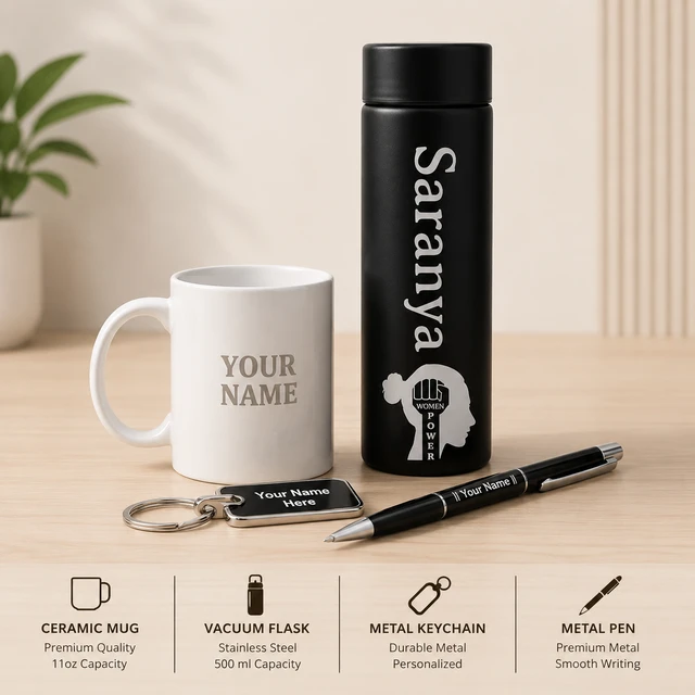 Personalized Gift Combo with Vacuum Flask, Mug, Pen & Keychain - Regular Price