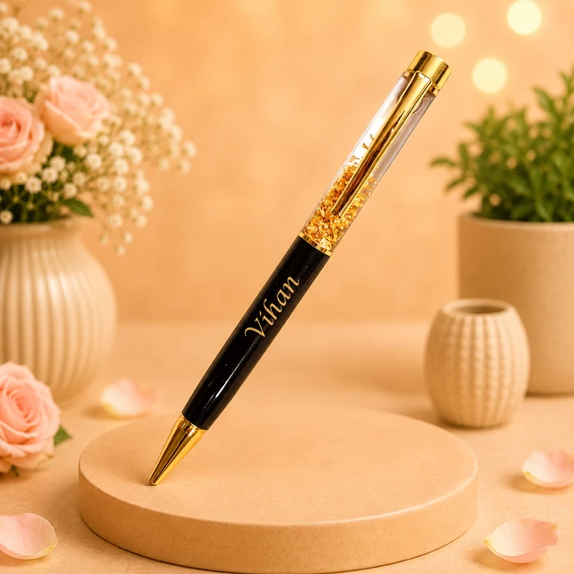 Metal Gold Flakes Pen (Black Color Body) - Personalized with Name Engraving - Member Price