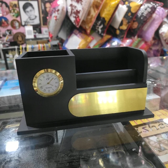 Black & Gold Desktop Pen Stand With Clock - 2 Pockets
