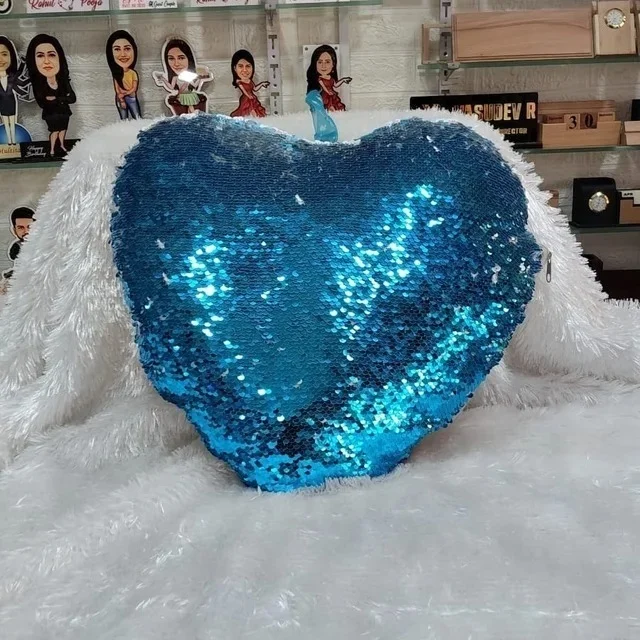 Sequin Magic Pillow - Aqua Blue - Heart Shape