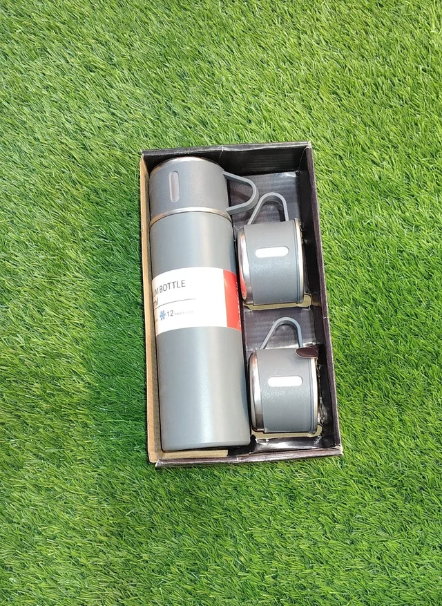 Vacuum Flask Gift Set with 3 Cups – Personalized Name Engraved Bottle- Grey Colour - Member Price