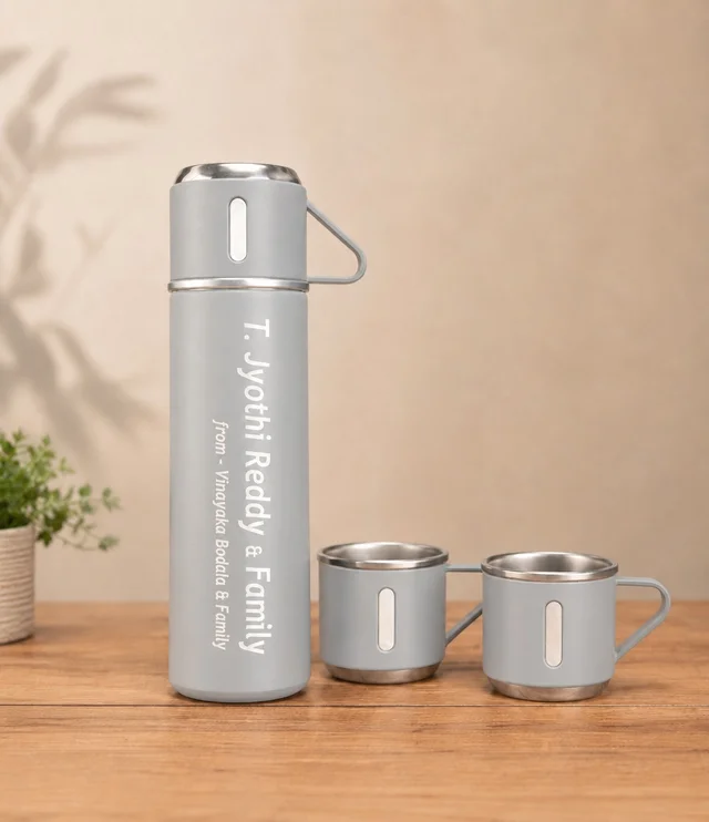 Vacuum Flask Gift Set with 3 Cups – Personalized Name Engraved Bottle- Grey Colour - Member Price
