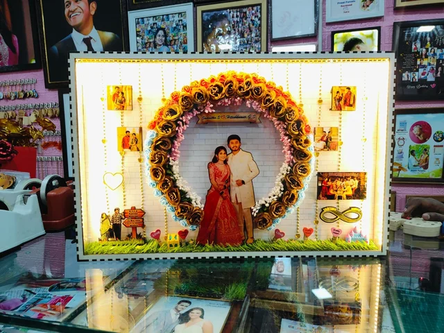 15x23 Inch Couple Floral Ring Miniature LED Box Photo Frame | Wedding, Anniversary & Romantic Gift