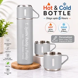 Vacuum Flask Gift Set with 3 Cups – Personalized Name Engraved Bottle- Grey Colour - Member Price