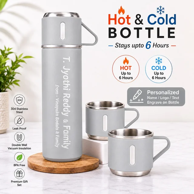 Vacuum Flask Gift Set with 3 Cups – Personalized Name Engraved Bottle- Grey Colour - Member Price