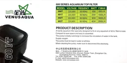 Venus Aqua 601T Top Filter For Aquarium|Free Sponge|Power:25 Watt, F. Max.:1500 L/H - 601T/25 Watt