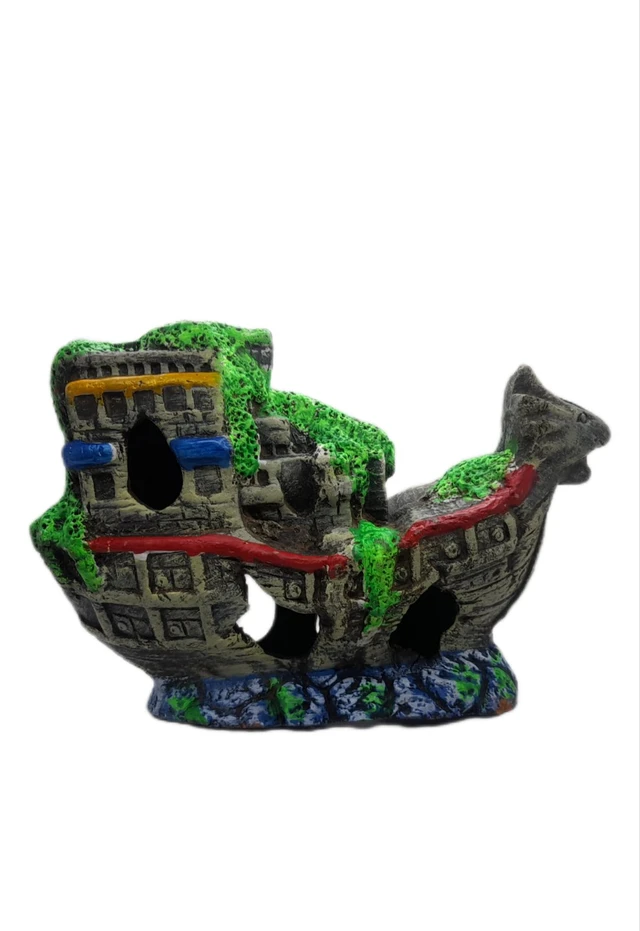 Old Broken Ship Model Showpiece For Decorate Aquarium|Material:Terracotta|Size:Medium - L:9"_H:6.5"_w:3"