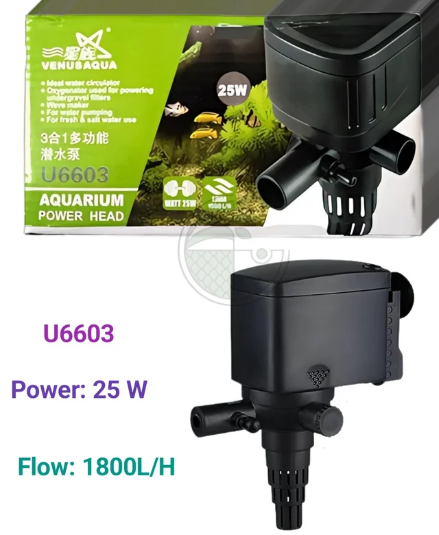 Venus Aqua U6603 Aquarium Power Head – 25W Submersible Pump | 1800L/H Flow | 3-in-1 Filtration & Aeration - U6603, 25W