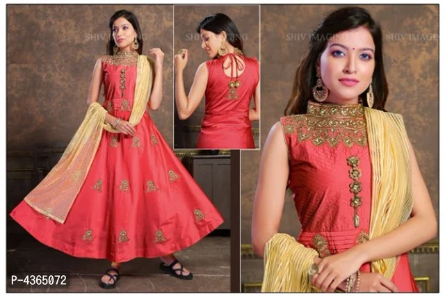 Gown And Leggings With Dupatta Set For Women - Pink, Within 7-9 business days., Taffeta silk, Within 7 days of delivery. Full refund., Free shipping, Stitched, M