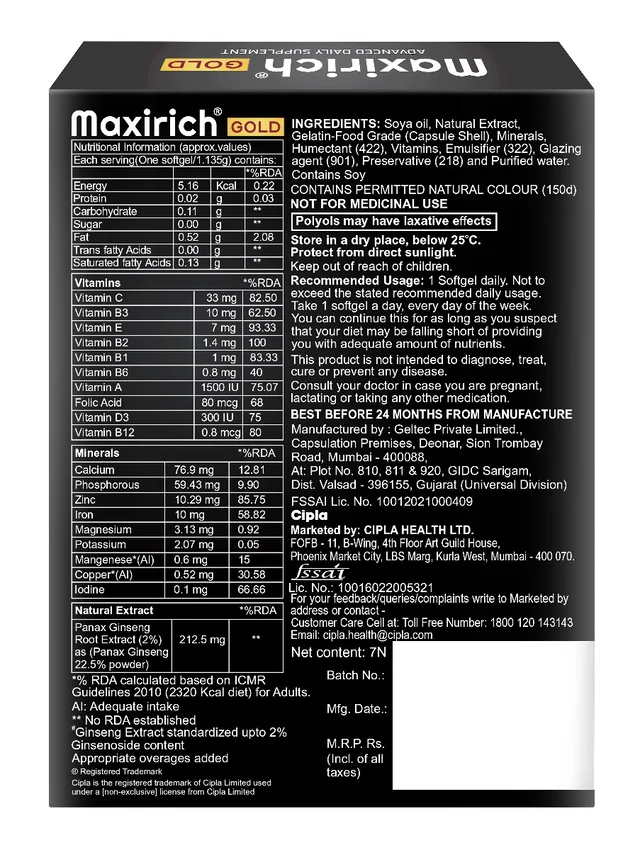 Maxirich Gold Daily Supplement with Ginseng Extract Multivitamin for Energy, Immunity & Memory