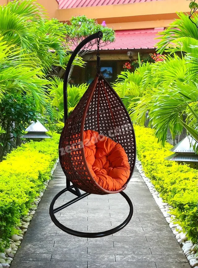 Bucket Swing Chair for Garden & Outdoor in Brown & Tan, Dual Tone with Orange Cushion